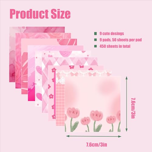9 Pads Pink Sticky Notes Set, Cute Self-Stick Notepads, Super Adhesive Memo Pads Note Card, Office Decor Gifts, Desk Accessories for Students, School Supplies for Girls, 3x3in