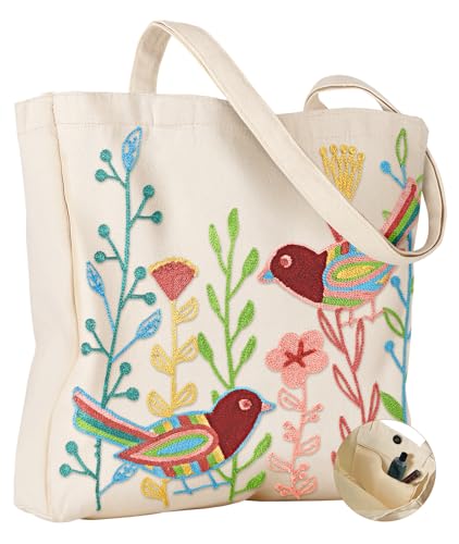 Miss Adola Embroidery Canvas Tote Bag with Pocket & Buckle - color: Bird