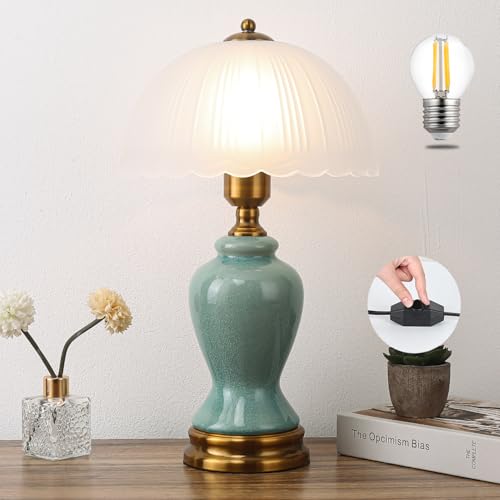 Ceramic Table Lamp Dimmable for Living Room, 16" Modern Vintage Bedside Nightstand Lamps with White Glass Shade,Classic Chinoiserie Retro Bedroom Lamp for Night Stands, Dorm,Office, Home Decor - color: Green vase