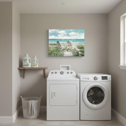 Beach Canvas Wall Art Picture: Ocean Sea Painting Decor Coastal Chair Seaside Grass Artwork Wave Seascape Scene Print for Bathroom Bedroom - color: Beach Chair, size: 24"L x 18"W