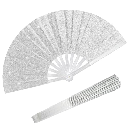 EOSAU 13" Glitter Folding Hand Fans Foldable, Clacking Fans for Women Black - color: 13" Silver 02