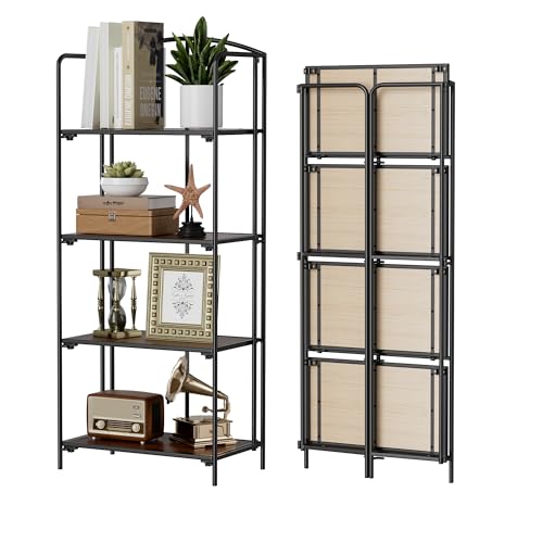Crofy 4-Tier Foldable Bookshelf, Black Frame & Walnut Shelves - color: Black Frame & Walnut Shelf, size: 4 Tier