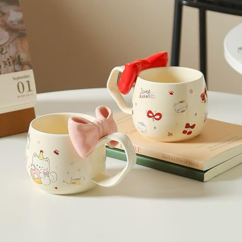 Cute WhiteCat Ceramic Coffee Mug with 3D Bow & Bow Spoon - color: D, size: Large
