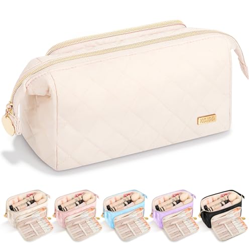 Easter Basket Gifts Soft Quilted Makeup Bag, Wide Opening Cosmetic Pouch Travel Toiletries Accessories Bag Trendy Makeup Purse for Women Teen Girls Holiday Gifts Birthday Gifts (Beige) - color: Beige