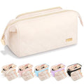Easter Basket Gifts Soft Quilted Makeup Bag, Wide Opening Cosmetic Pouch Travel Toiletries Accessories Bag Trendy Makeup Purse for Women Teen Girls Holiday Gifts Birthday Gifts (Beige) - color: Beige
