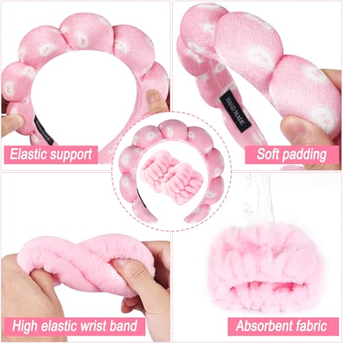 Zkptops Spa Headband for Washing Face Wristband Set Sponge Makeup Skincare Velvet Fabric Bubble Soft Get Ready Hairbands for Women Puffy Headwear Non Slip Thick Thin Hair Accessory (Pink Nuts) - color: ZYI Nuts Pink
