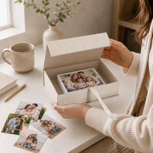 Vienrose Small Photo Storage Box, 5"x7", Linen Postcard Keeper, Beige - color: Beige, size: 5"x7"