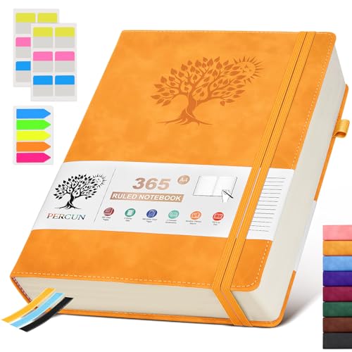 PERCUN A4 Lined Journal Notebook，365 Page Large Leather Journals for Writing Women Men，Hardcover Notebook with 100Gsm Thick Pages for Travel，Work，School，College Ruled, Daily Diary (8.5" x 11.4") - color: Yellow, size: A4