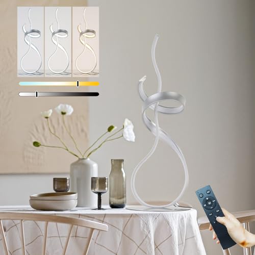 24W Modern 3Color Table Lamp with LED Spiral Design, 22“ Tall Silver Bedside Light & Nightstand Lamp, Touch Dimmable with 3 Colors & Remote Control for Bedroom, Living Room, Home Office (Silver) - color: Silver