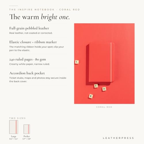Leather Notebook, Writing Journal, Coral Red - color: Coral Red, size: Large
