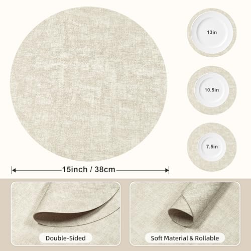 Placemats Set of 6, 15 Inch Round Faux Leather Place Mats - color: R-beige