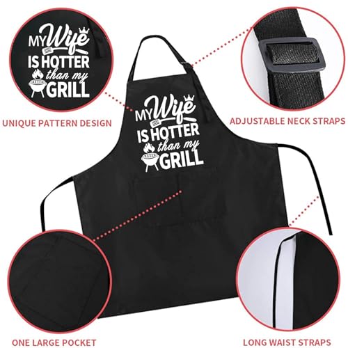 Rosoz Funny BBQ Black Chef Aprons for Men Adjustable Kitchen Cooking Aprons - color: My Wife is Hotter Than My Grill