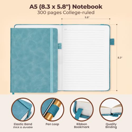 A5 Leather Notebook Journal Light Blue Lined Thick 300 Pages 5.8x8.3" - color: Light Blue, size: A5 300 Pages