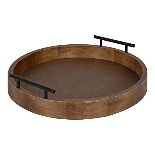 Kate and Laurel Lipton Modern Round Wood Tray, 15.5" Diameter, Rustic Brown with Black Handles, Decorative Accent Tray for Storage and Display - color: Rustic Brown, size: 15.5"