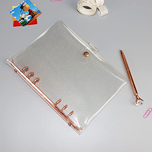 Personal A5 Binder Cover 6-Ring Planner Cover Clear Glitter PVC Refillable Notebook Shell Rose Gold Ring Binder with Snap Button Closure for 6-Ring Planner Loose Leaf Folder - color: Glitter Cover + Rose Gold Binder, size: Personal A5