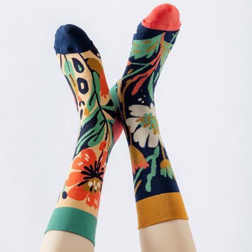 2 Pairs Cartoon Animal Crew Socks Fun Cotton Mid Calf Socks for Women - color: Florals