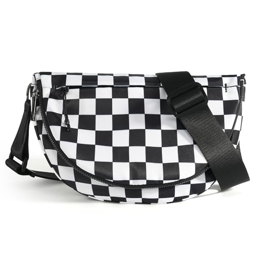 Crescent Bag for Women,Medium Nylon Crescent Bag Single Shoulder Bag - color: Crossbody bag- Black White Checkered