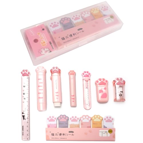 9 Pcs Cute Cat Paw Stationery Set Pencil Sharpener Retractable Eraser Correction Tape Sticky Notes Ruler Mini Scissors Utility Cutter School Office Supplies (Pink1)