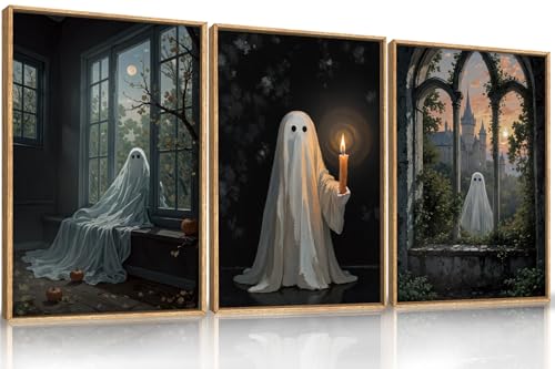 LHIUEM Large Halloween Cute Ghost Framed Canvas Wall Art Set,Vintage Spooky Wall Decor,Retro Dark Prints,Midnight Candle Poster Artwork for Living Room,Bathroom,Dining Room -24"x36"x3 - color: Halloween Cute Ghost Wall Art, size: 36"L x 24"W
