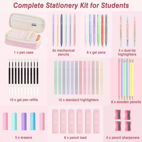 MoKo Pencil Case with Supplies, 59Pcs Aesthetic School Set, Pink - color: Pink-59P