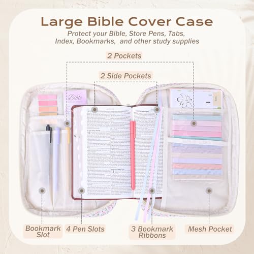 XKDOUS Bible Cover Case for Women Bible Bag Journaling Kit w/Study Supplies - color: Pink Flowers, size: Large
