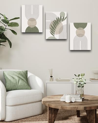 30x40CM Sage Green Boho Wall Art,Framed Canvas Bathroom Wall Art Pictures, Mid-Century Modern Wood Framed Abstract Prints for Bedroom,Minimalist Office Wall Decor 3Pack - color: Sage Green-Framed, size: 16"L x 12"W