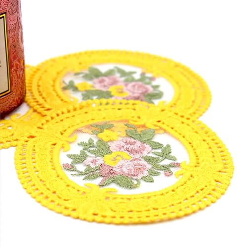 4.5'' 8pk Cloth Vintage Coasters, Small Crocheted lace doilies, Gold Embroidered Fabric Coasters for Drinks, Yellow Lace Embroidery Coasters for Tea Cup, Tabletop Photography Decoration (Golden) - color: Golden