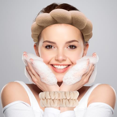 Zkptops Spa Headband for Washing Face Wristband Set Sponge Makeup Skincare Terry Cloth Bubble Soft Get Ready Hairband for Women Girl Puffy Padded Headwear Non Slip Thick Hair Accessory(Brown-2) - color: ZC Brown-2