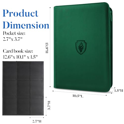 Premium Zip Card Binder, Fabmaker 9 Pocket Trading Card Binder PU Cover - color: Green, size: 9 Pocket - 13.9" x 10.5"