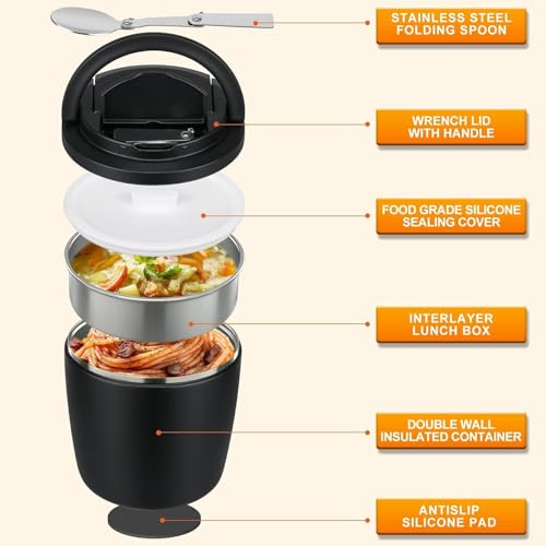 MAXSO Lunch Container 40 oz for Adults Stainless Steel Vacuum Insulated Food Jar, Soup Thermo for Hot Food Thermal Bento Box, Wide Mouth Leakproof Buckle Lid with Spoon - Black - color: Black