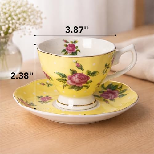 BTaT- Floral Tea Cups and Saucers, Set of 12, 8 oz, Fine Porcelain Teacup Set with Gold Trim for Afternoon Tea, Weddings, Parties & Gifting, Dishwasher Safe, Lightweight, Non-Toxic - color: Multicolor, size: 12 Pack