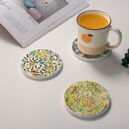 HUXJOKO Coasters for Drinks Set of 6,William Morris Floral Pattern Absorbent Ceramic Coaster,Round Stone Mat,with Cork Base and Metal Holder for Coffee Table Room Bar Home Decor Housewarming Gifts - color: William Morris 2, size: Round