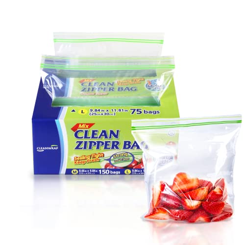 Cleanwrap Food Storage Zip Lock Bags LDPE, BPA FREE, M * 150Pcs & L * 75Pcs - size: 225 Counts (150 Medium)/(90 Large)