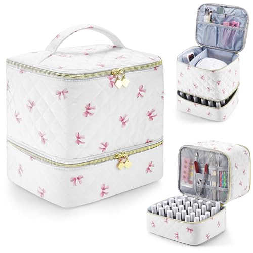 PU Leather Nail Polish Organizer and Nail Lamp Case, Nail Kit Organizer Holds 30+ Bottles (15ml - 0.5 fl.oz) and a Nail Lamp, Nail Polish Carrying Case with Manicure Tools Storage Sections (Pink Bow) - color: Pink Bow