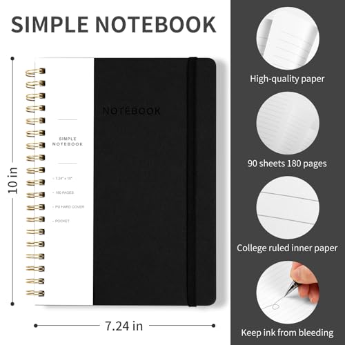 Spiral Notebook - 7.24" x 10" College Ruled Journal with Inner Pockets and 180 Pages, PU Leather Cover Business Journal, Twin-Wire Binding Notebook Perfect for Office & Home School Supplies Black - color: 002-Black-1pack, size: B5-180 pages