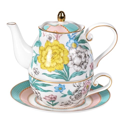 KAMMAK Tea for One Set, Ceramic Teapot, Bone China Tea Set, Cup and Saucer - color: Green-GH6