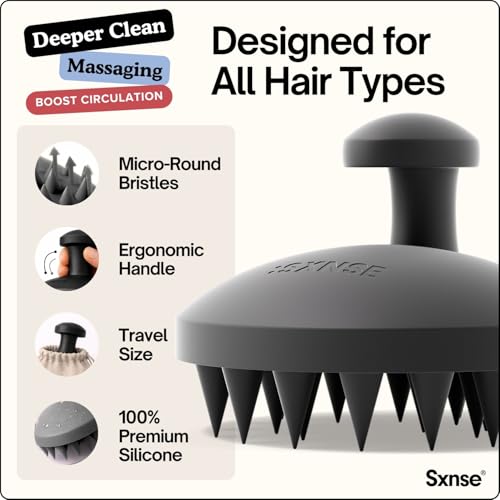 SXNSE Revive Silicone Scalp Massager - Manual Scalp Scrubber & Exfoliator Brush for Dandruff, Buildup & Itch - Scalp Shampoo Brush for Wet & Dry Hair with Soft Bristles and Easy-Grip Handle, Jet - color: Jet