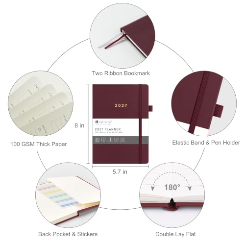 &And Per Se 2027 Planner, 12-Month Monthly & Weekly, 2027 Calendar Planner with 100gsm Paper, A5 Hardcover Faux Leather, 5.7" x 8" (Dark Red) - color: Dark Red, size: 5.7" x 8"(Jan 2027-Dec 2027)