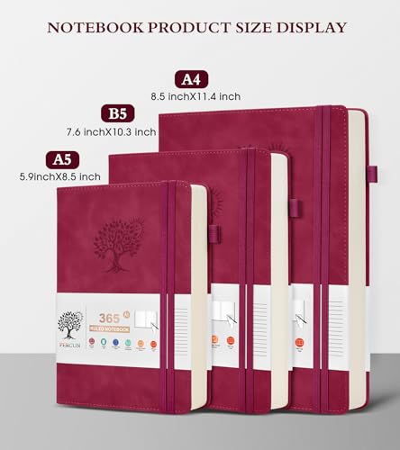 PERCUN A4 Lined Journal Notebook，365 Page Large Leather Journals for Writing Women Men，Hardcover Notebook with 100Gsm Thick Pages for Travel，Work，School，College Ruled, Daily Diary (8.5" x 11.4") - color: Wine red, size: A4