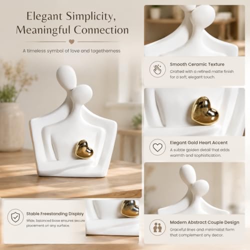 Ceramic Hugging Couple Statue with Gold Heart - Lover Figurine Home Decor Aesthetic, Romantic Gift for Her on Wedding Anniversaries and Valentine's Day Decor for Living Room Bedroom Shelf - size: Hug L-7.5in