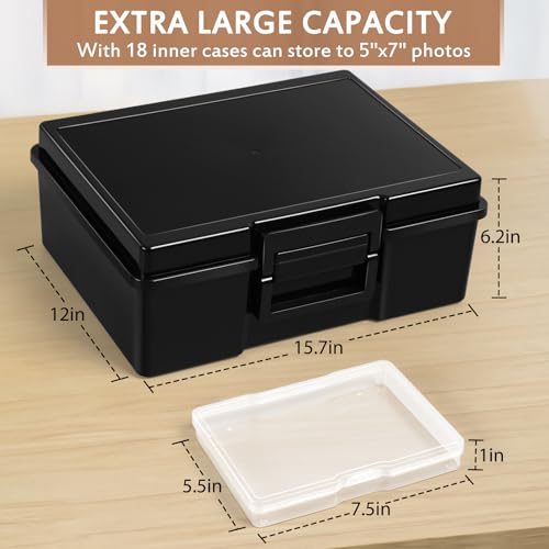 Photo Storage Box 5 x 7 Inches, 18 Inner Extra Large Photo Organizer With Dividers, Acid-Free Photo Storage Containers, Craft Storage Box for Protect Photos, Crafts, Seed, Stamps - color: Black+Clear