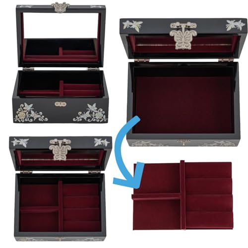 February Mountain Elegant Mother of Pearl Jewelry Organizer Box with Mirror Lid - Gifts for women birthday unique Anniversary Christams and Special Occasions (Birds & Blossoms) - style: Birds & Blossoms
