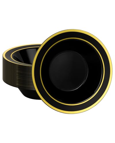 BESTSTAR 50 Pack Black Disposable Bowls with Gold Rim - color: Black, size: 50 pack