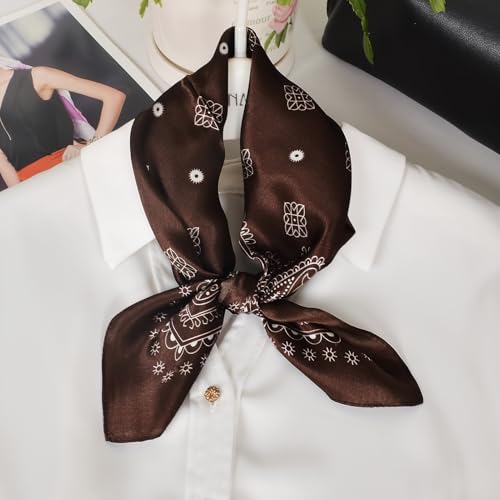 Women 100% Mulberry Silk Neck Scarf 21" Square Floral Neckerchief - color: Coffee
