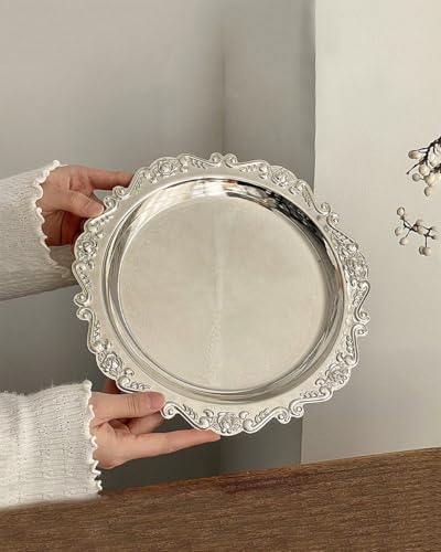 Silver Decorative Tray Set of 2, 10'' Round Vintage Metal Serving Tray, Medium Ornate Coffee Table Centerpiece, Vanity Tray for Perfume, Jewelry, Party Decor - color: Silver, size: 10''