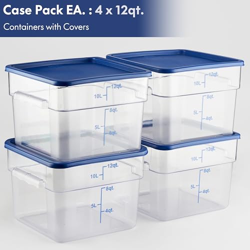 CURTA 4 Pack Food Storage Containers with Blue Lids - NSF Listed Commercial Grade in 12.0 Qt - Square, Clear, Polycarbonate - color: 12.0 Qt 4-Pack(Blue Lids)