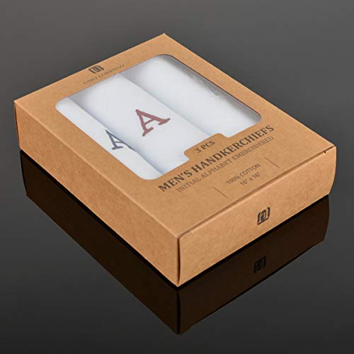 Initial Handkerchief for Men, Monogrammed Boxed 3 Piece Set,100% Cotton - color: A Initial