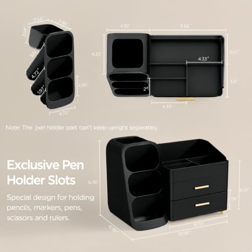 HBlife Desk Organizer with Pen Pencil Holder for Desk, Pen Organizer with 2 Drawers, Desk Organizers and Accessories with 4 Compartments, Desktop Storage for Office Home School Art Supplies, All Black - color: All Black