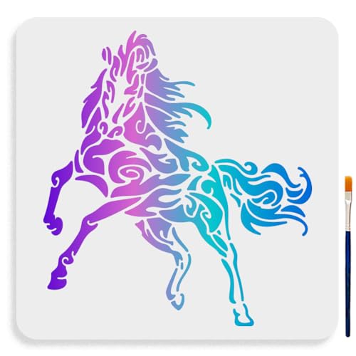 MAYJOYDIY Large Patterned Horse Stencil 11.811.8inch Square Mandala Template With Paint Brush - Reusable Running Horse Drawing Templates for Crafts, Wall Art, Furniture, Wood, Canvas - color: Patterned Horse