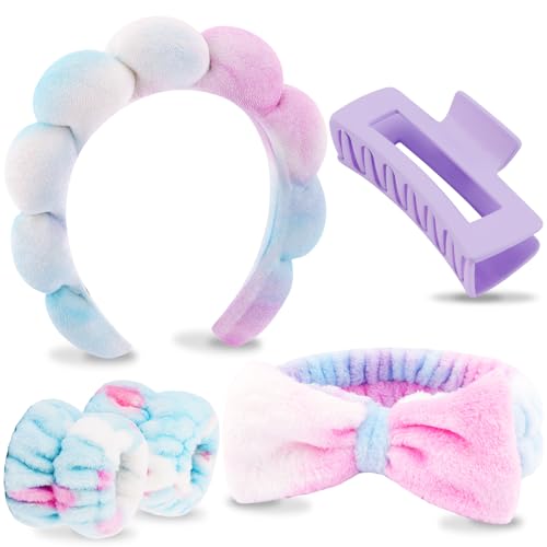 VELSCRUN Spa Headbands for Wash Face, Makeup Headband, Facial Skincare Headbands, 5 Pcs Colourful Puffy Sponge Spa Headband Bow Tie Hair Band Hair Clips Wristband Set Women Girls Accessories - color: Colourful